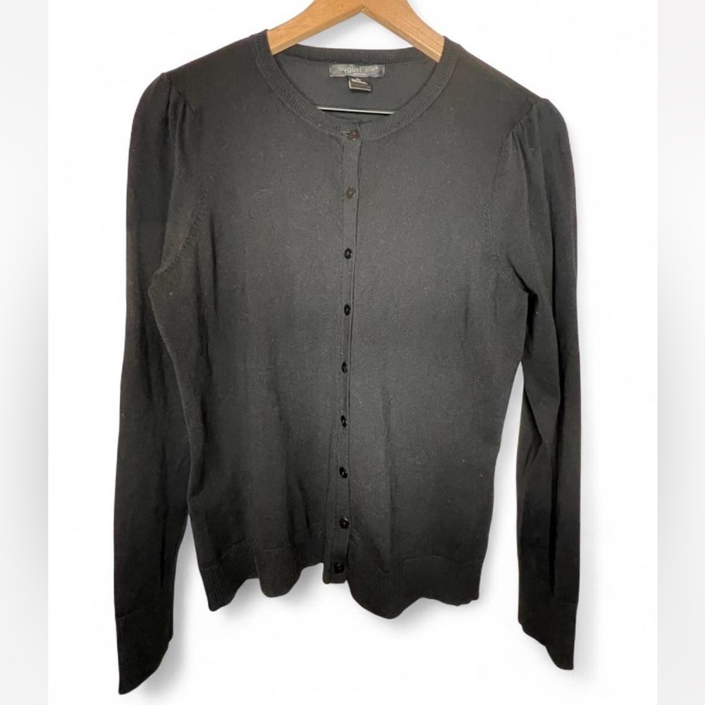 August Silk Petite‎ Black Silk Blend Button Front Cardigan Puff Shoulder Size PM